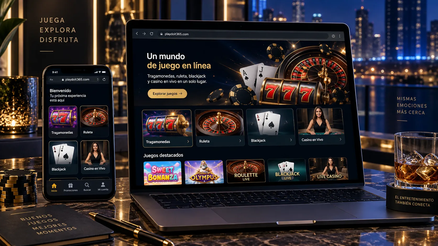 Interfaz de casino online con categorías de tragamonedas, ruleta, blackjack y casino en vivo