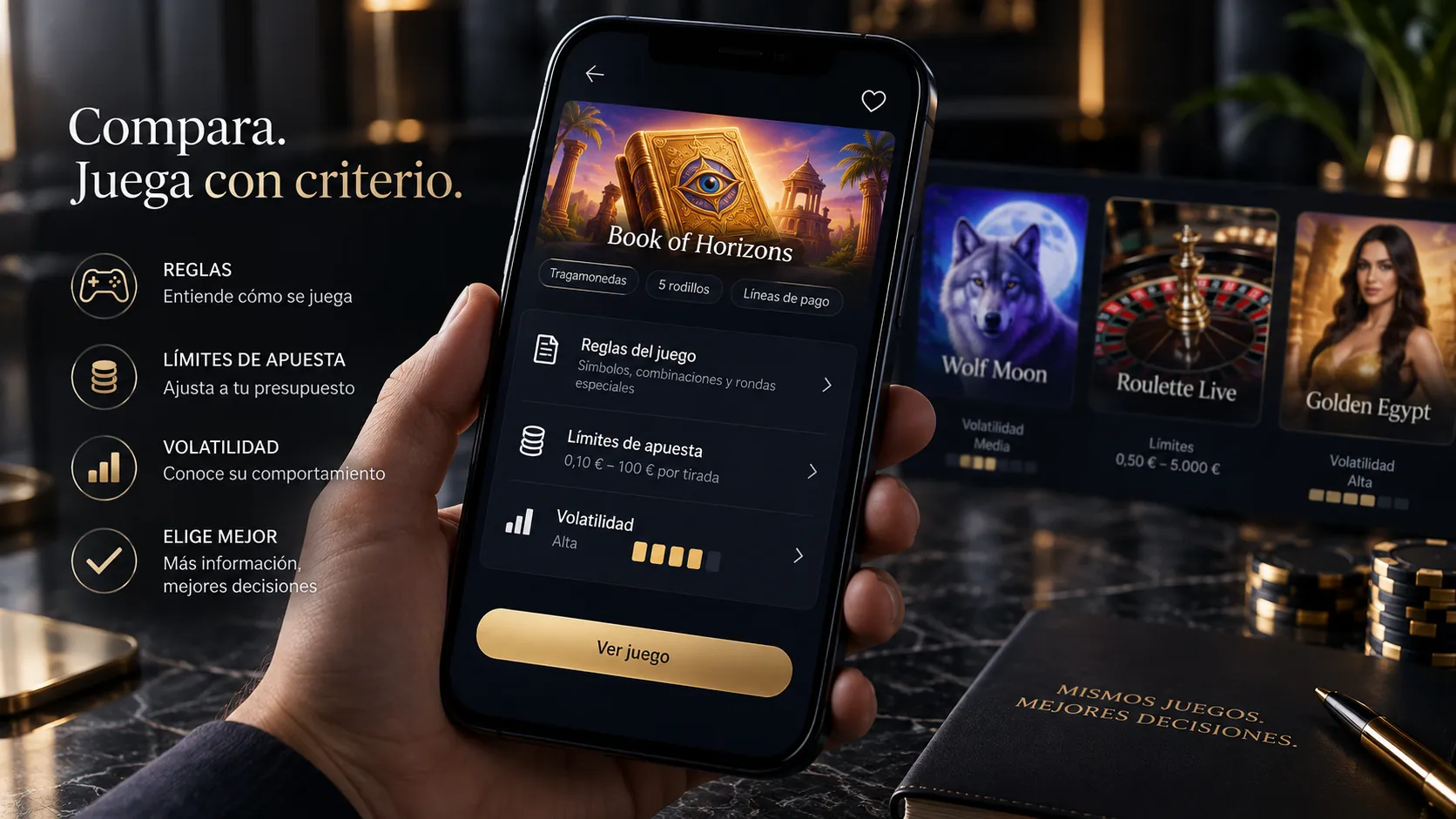Ficha de juego de casino online con reglas, límites y datos de volatilidad