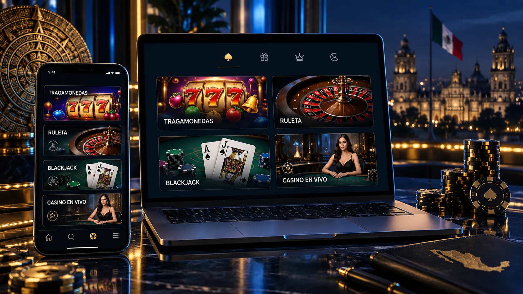 Categorías de juegos de casino online mostradas en una interfaz digital