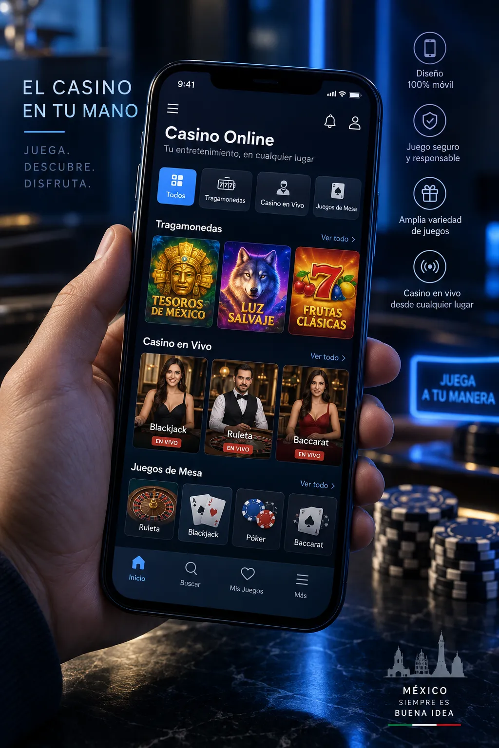 Interfaz móvil para consultar juegos de casino online