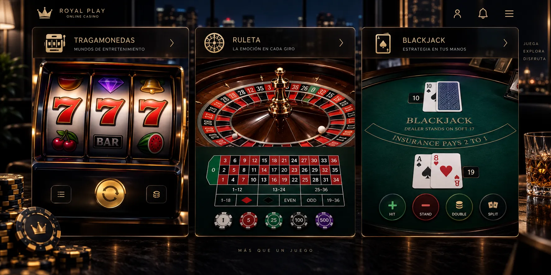 Tragamonedas, ruleta y blackjack en una interfaz de casino digital