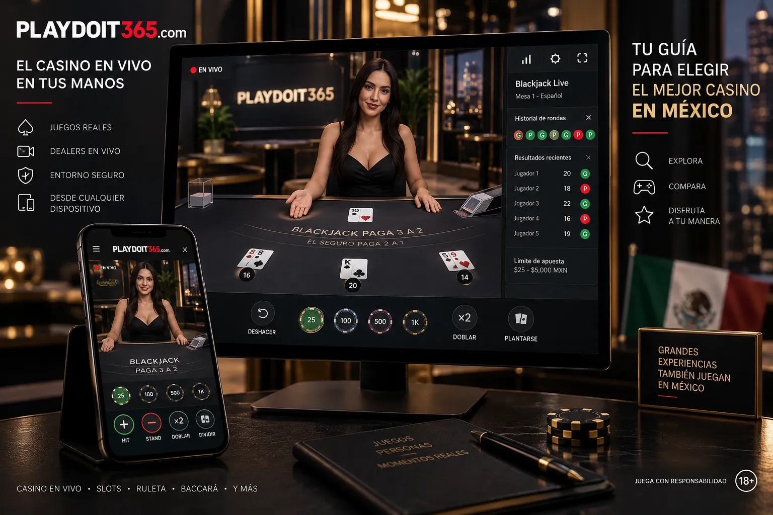 Interfaz de casino en vivo con mesa y crupier