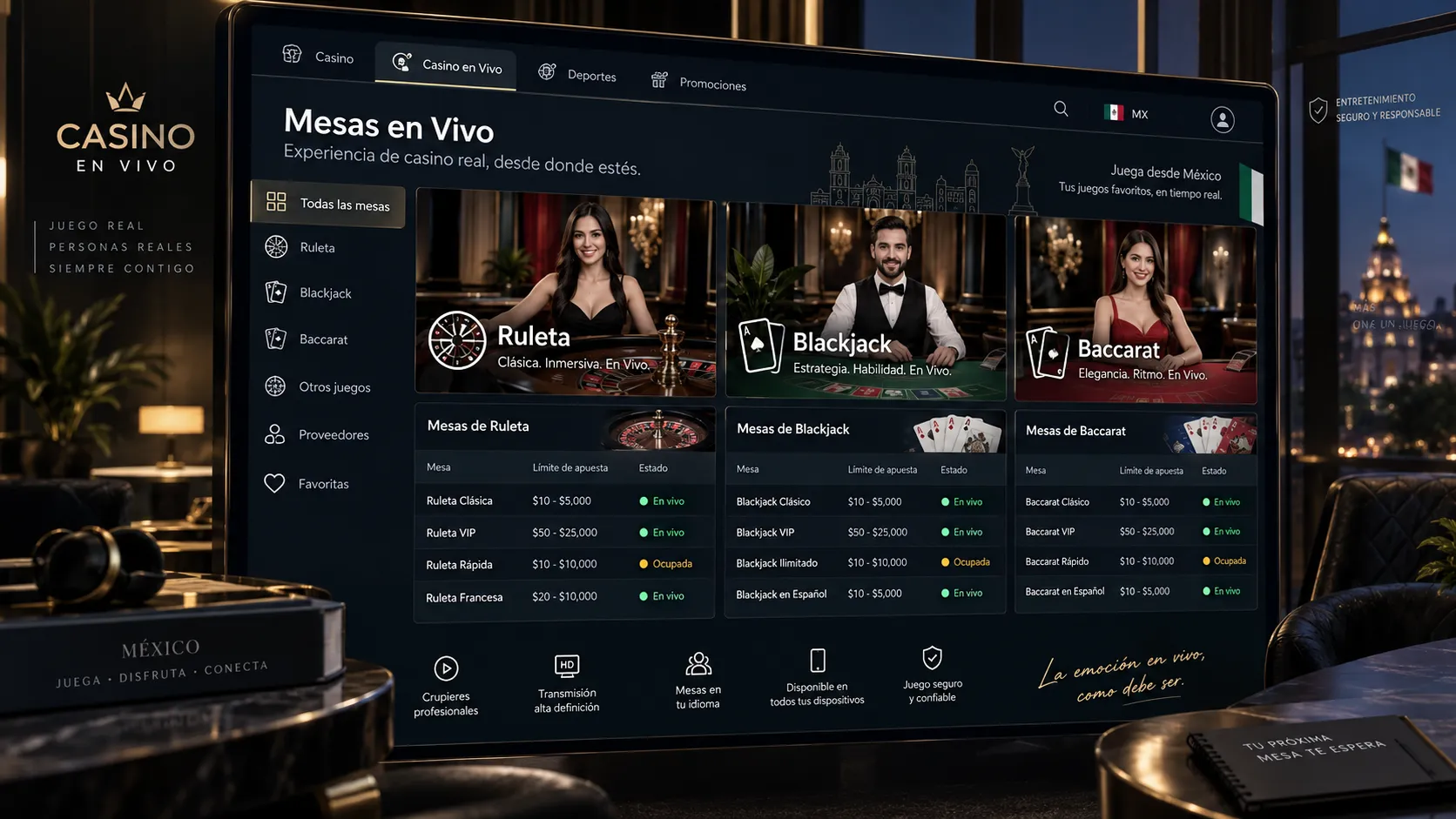 Selección de juegos y límites en un casino en vivo