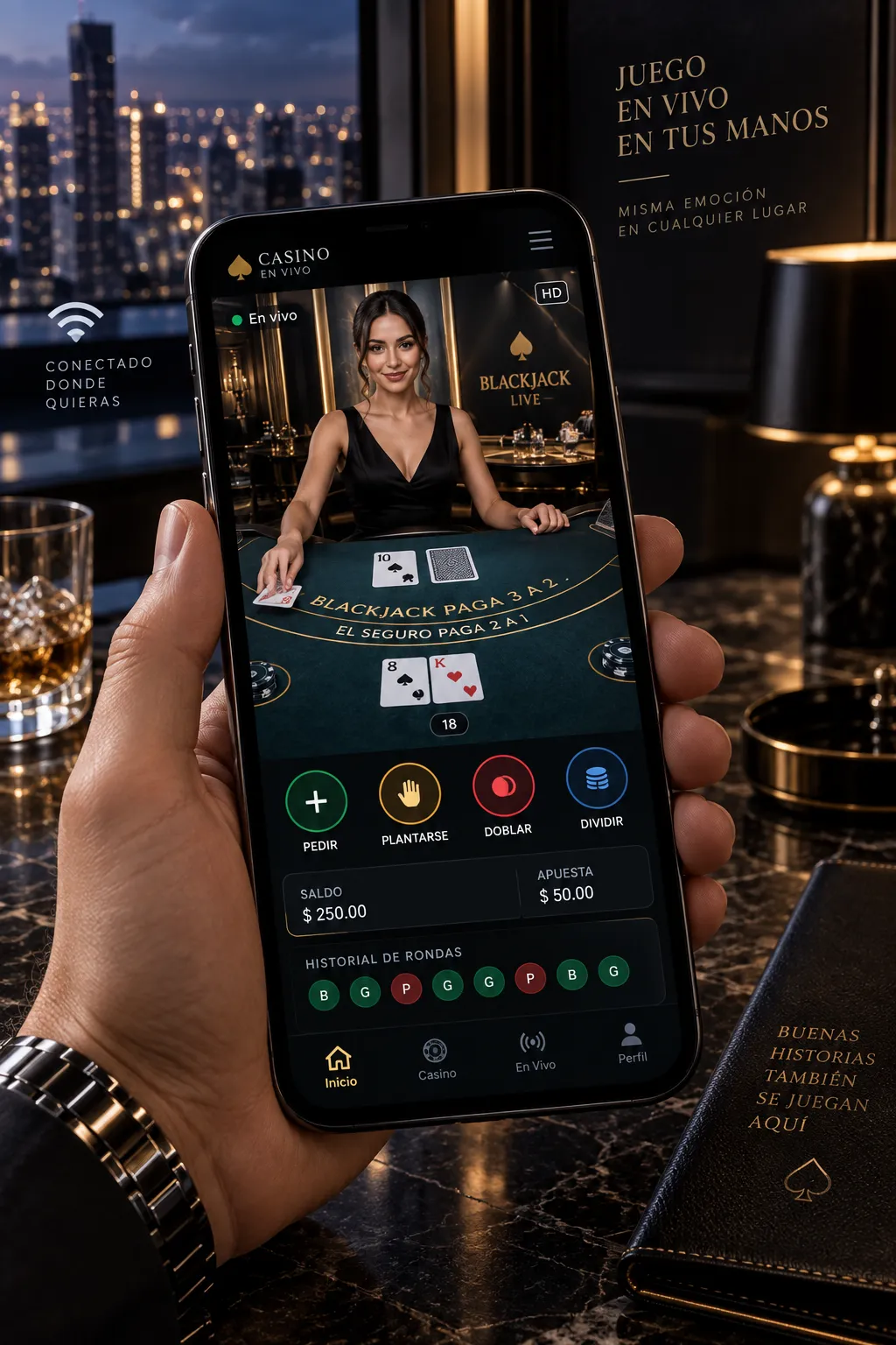 Casino en vivo con blackjack visto desde un celular