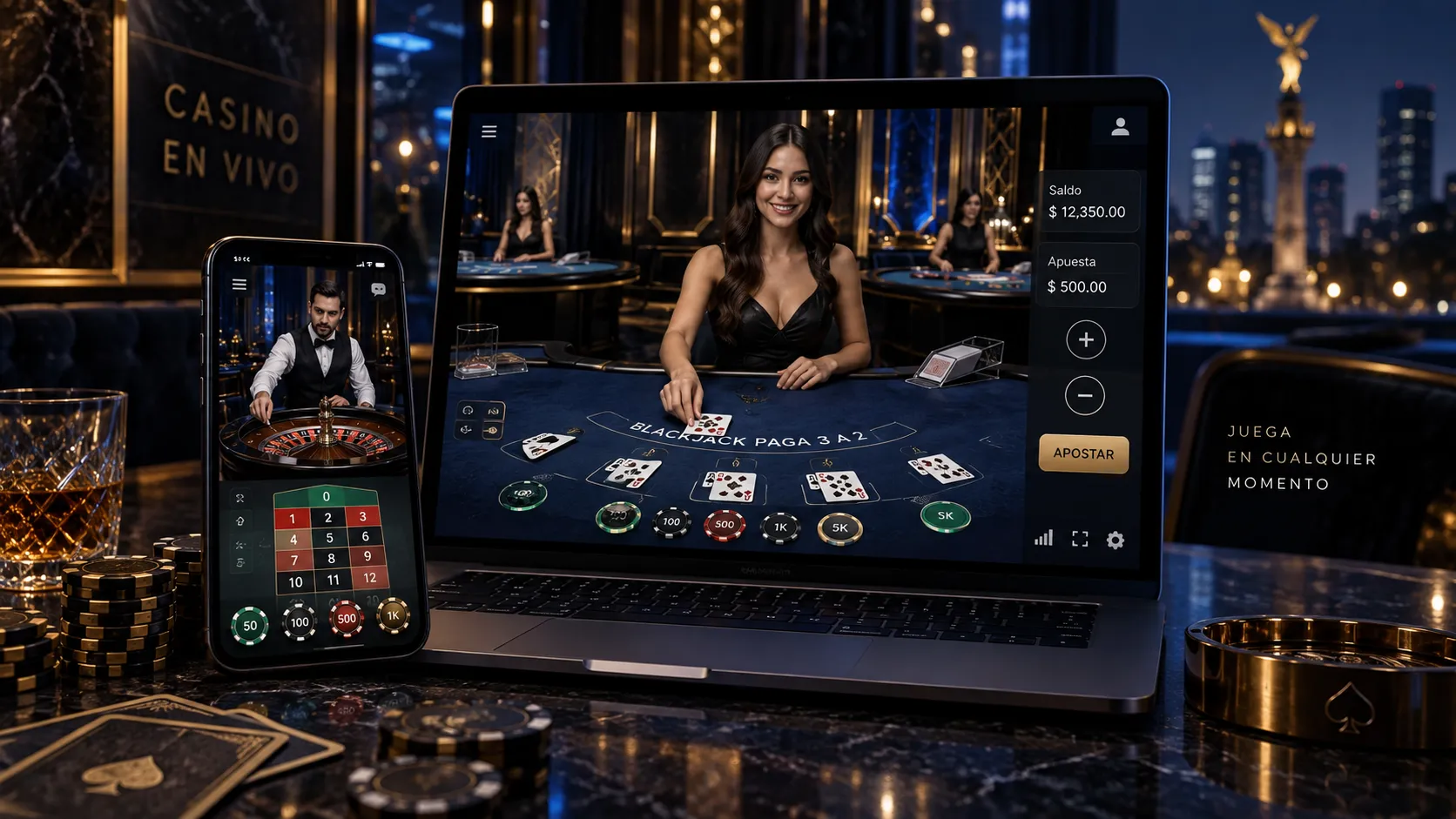 Mesa de casino en vivo con crupier y panel digital de apuestas
