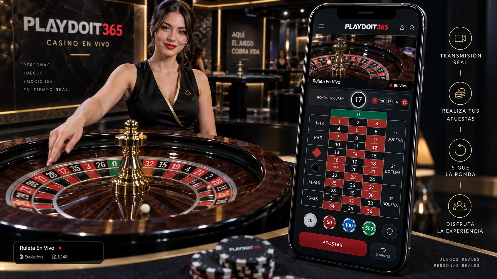 Interfaz móvil de ruleta en vivo con crupier y opciones de apuesta