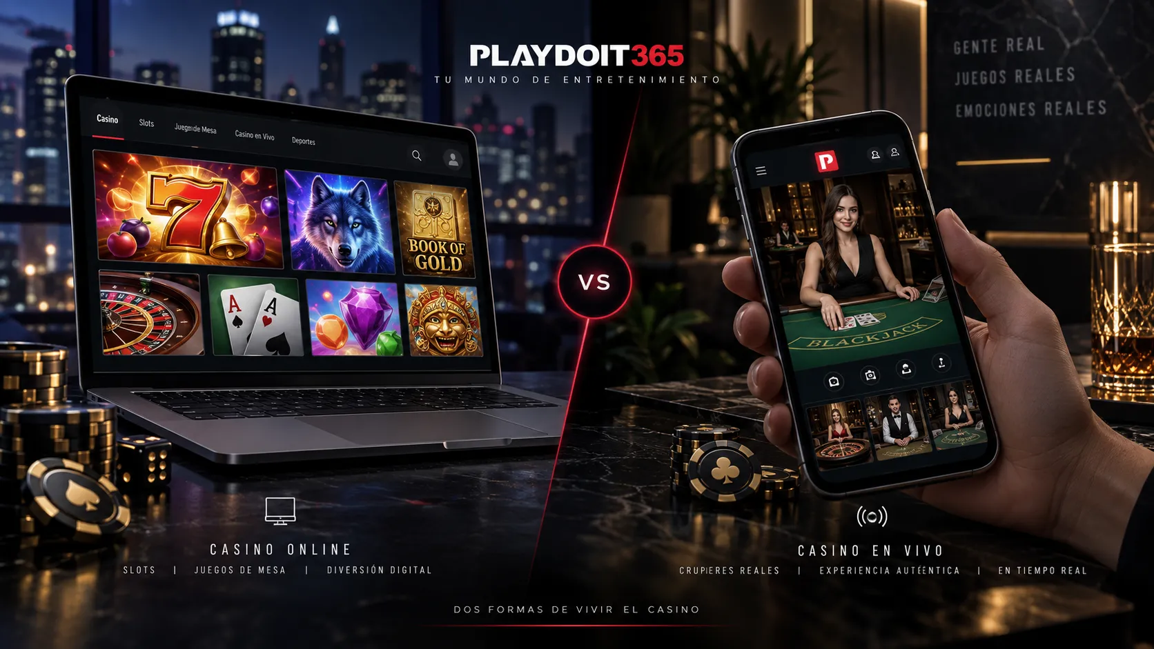 Comparación visual entre casino en vivo y casino online en dispositivos digitales
