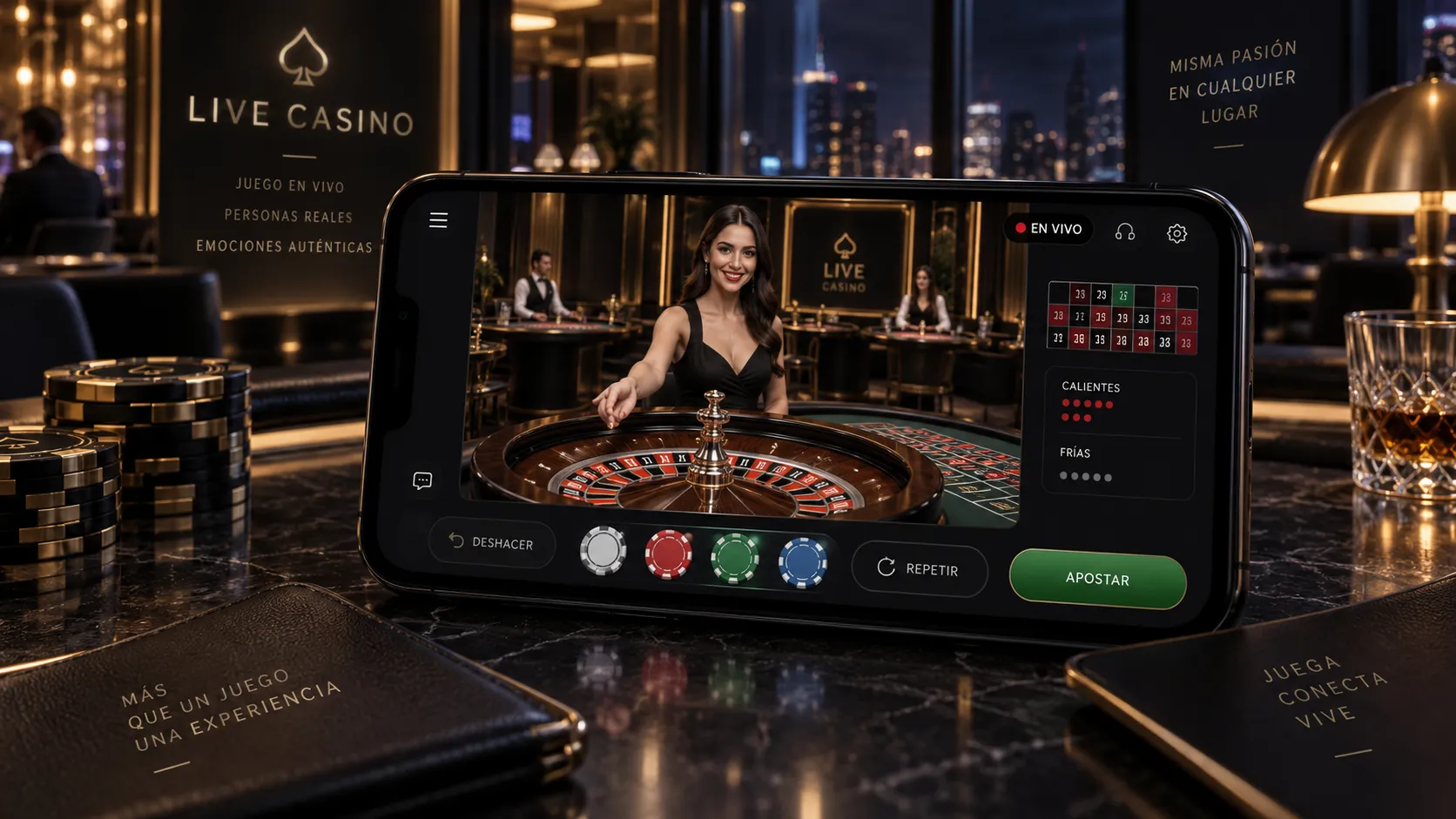 Mesa de casino en vivo con crupier mostrada en un teléfono