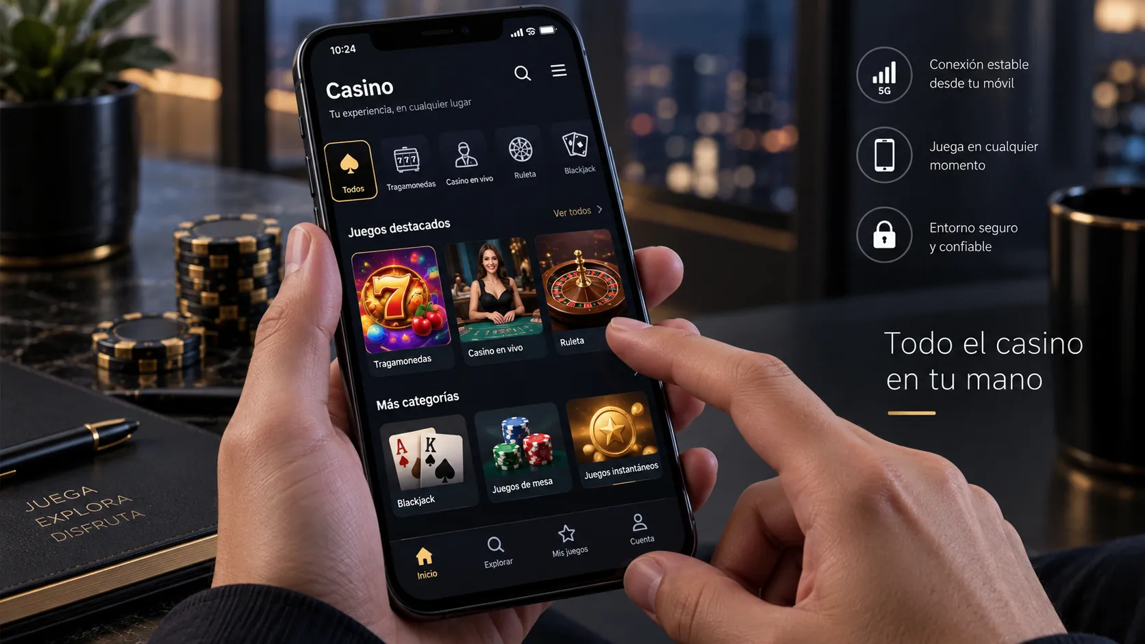 Interfaz de casino online y juegos digitales en un celular