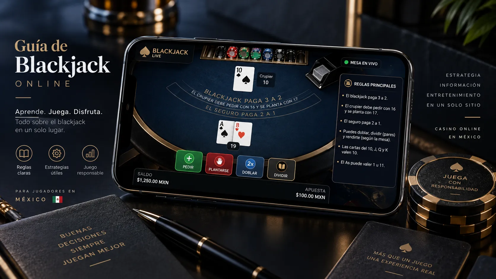 Interfaz de blackjack online con cartas y opciones de juego