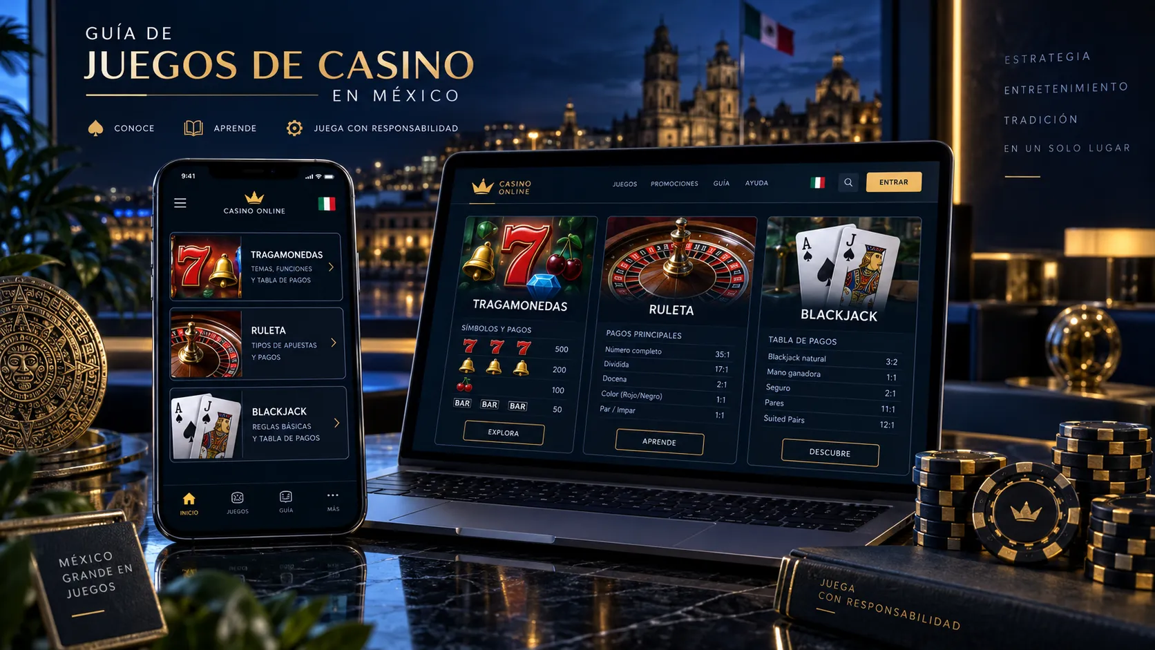 Interfaz de casino online con información básica de tragamonedas, ruleta y blackjack