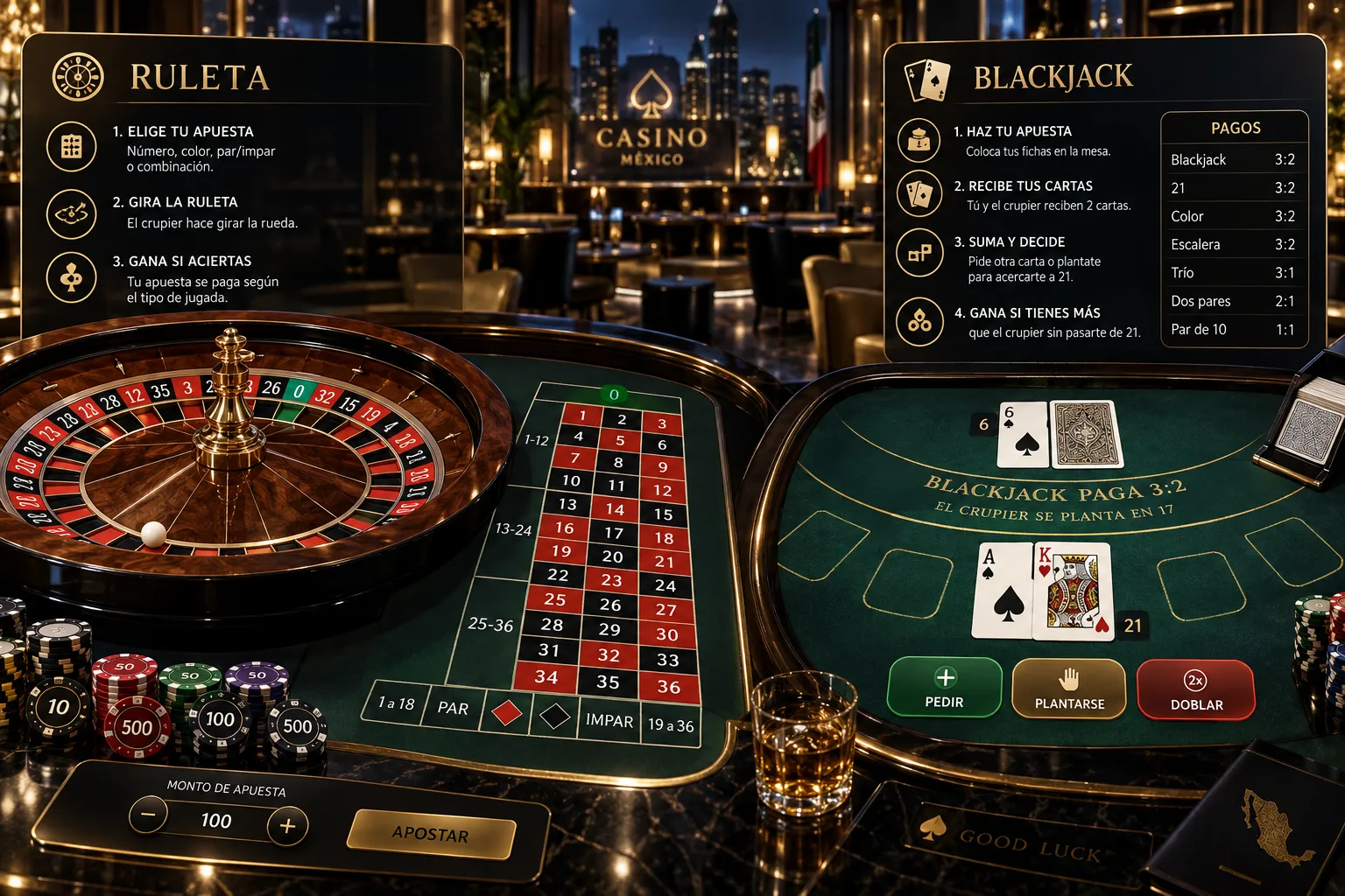 Tablero de ruleta y cartas de blackjack con reglas y pagos visibles