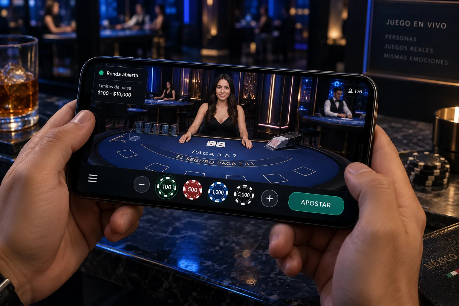 Mesa de casino en vivo mostrada en un teléfono con controles de apuesta