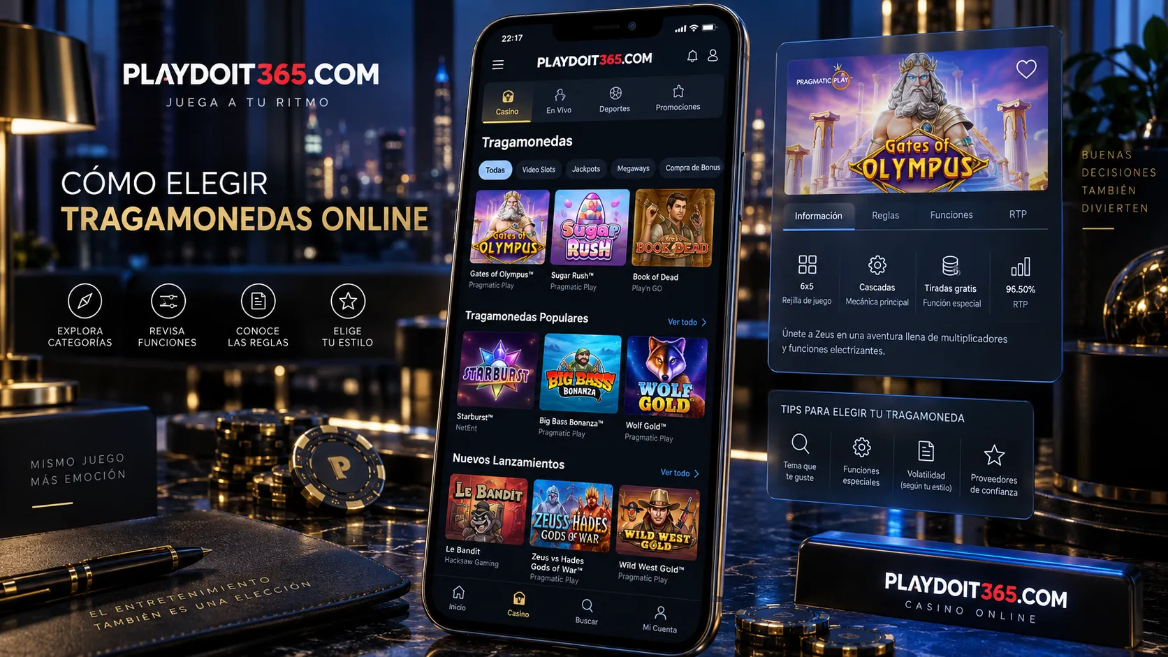 Interfaz móvil con varias tragamonedas online organizadas para comparar opciones