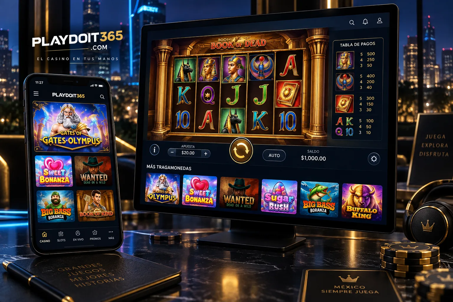 Interfaz de casino online con distintos tipos de tragamonedas y tabla de pagos