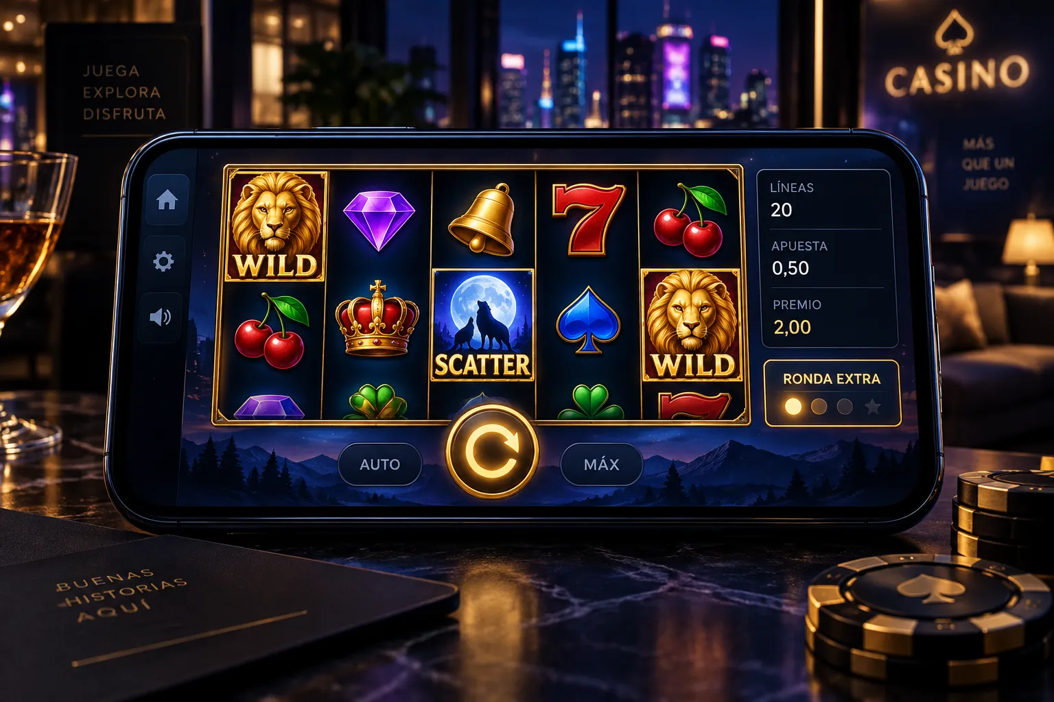 Tragamonedas móvil mostrando símbolos wild, scatter y funciones especiales