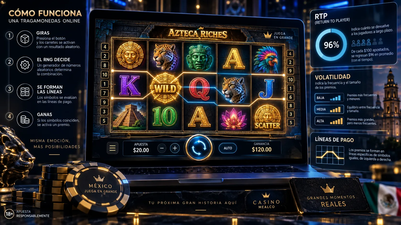Pantalla de tragamonedas online con símbolos, líneas de pago y datos del juego