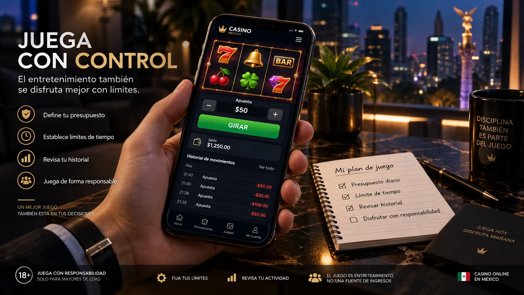 Uso de tragamonedas online en celular con saldo e historial de movimientos