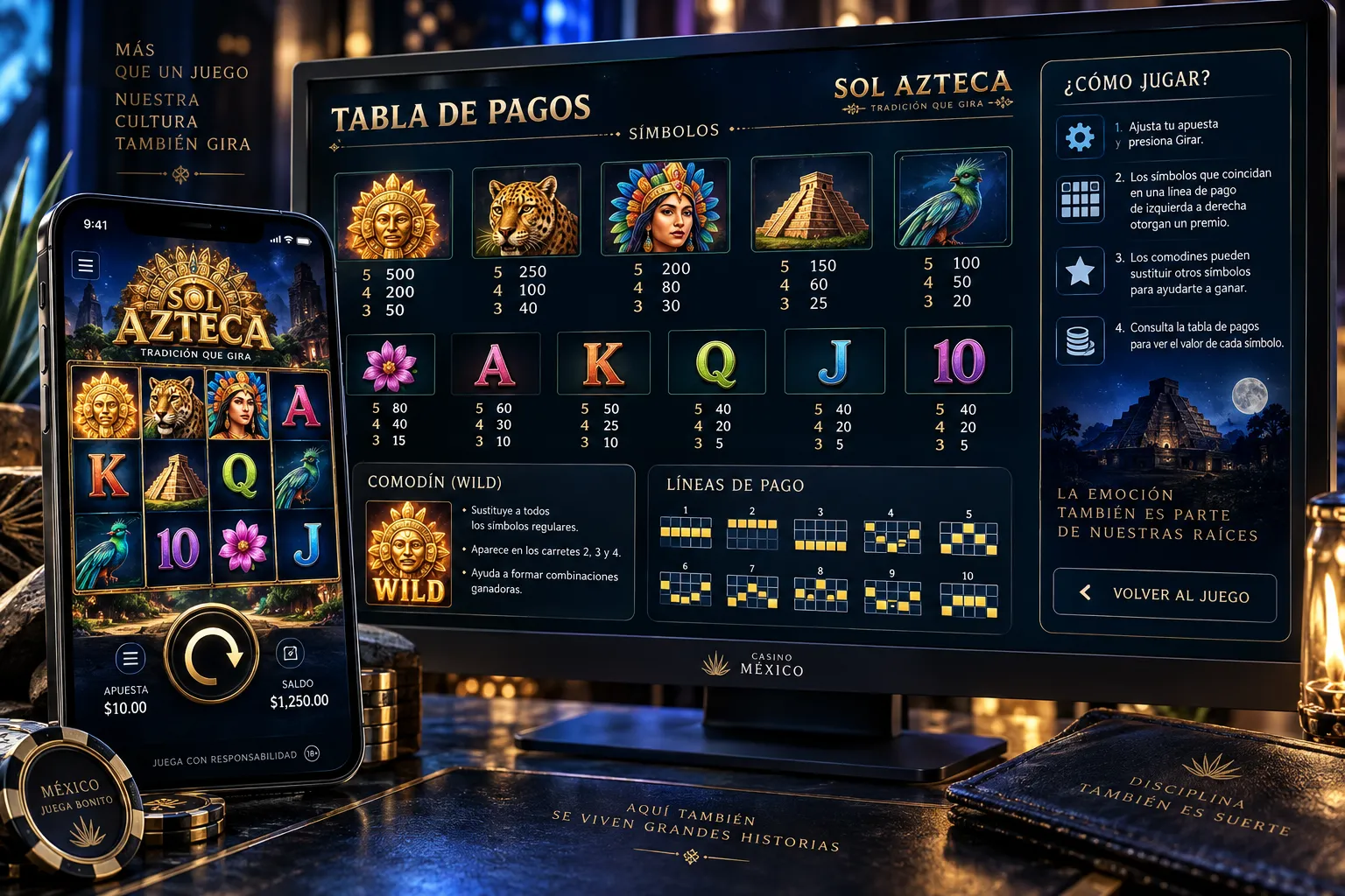 Tabla de pagos y líneas de una tragamonedas en una interfaz digital