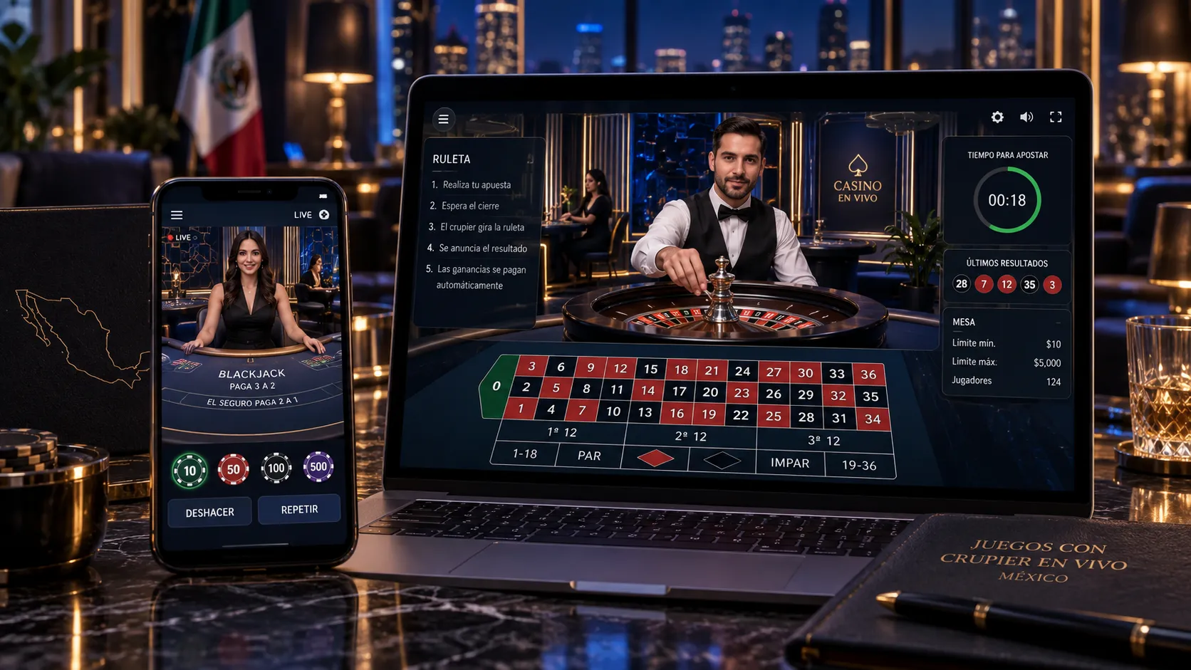 Mesa de casino en vivo con crupier mostrada en una plataforma digital
