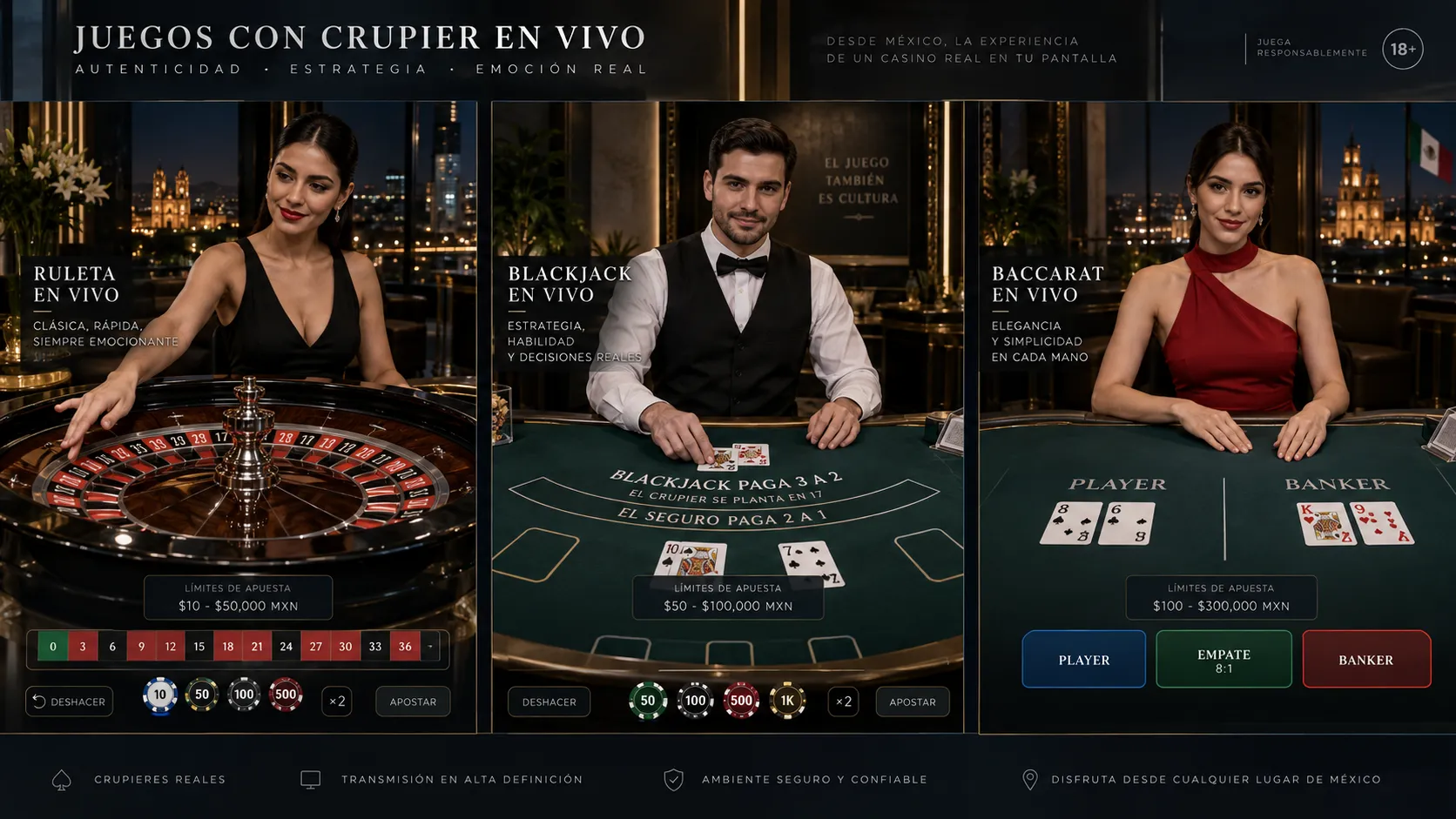 Juegos de ruleta, blackjack y baccarat con crupier en vivo