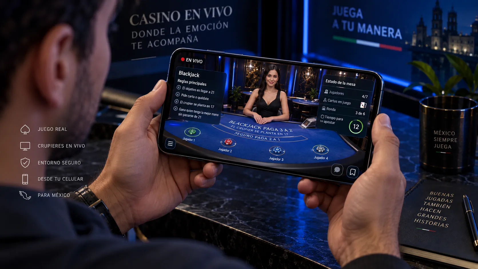 Acceso móvil a una mesa de casino con crupier en vivo