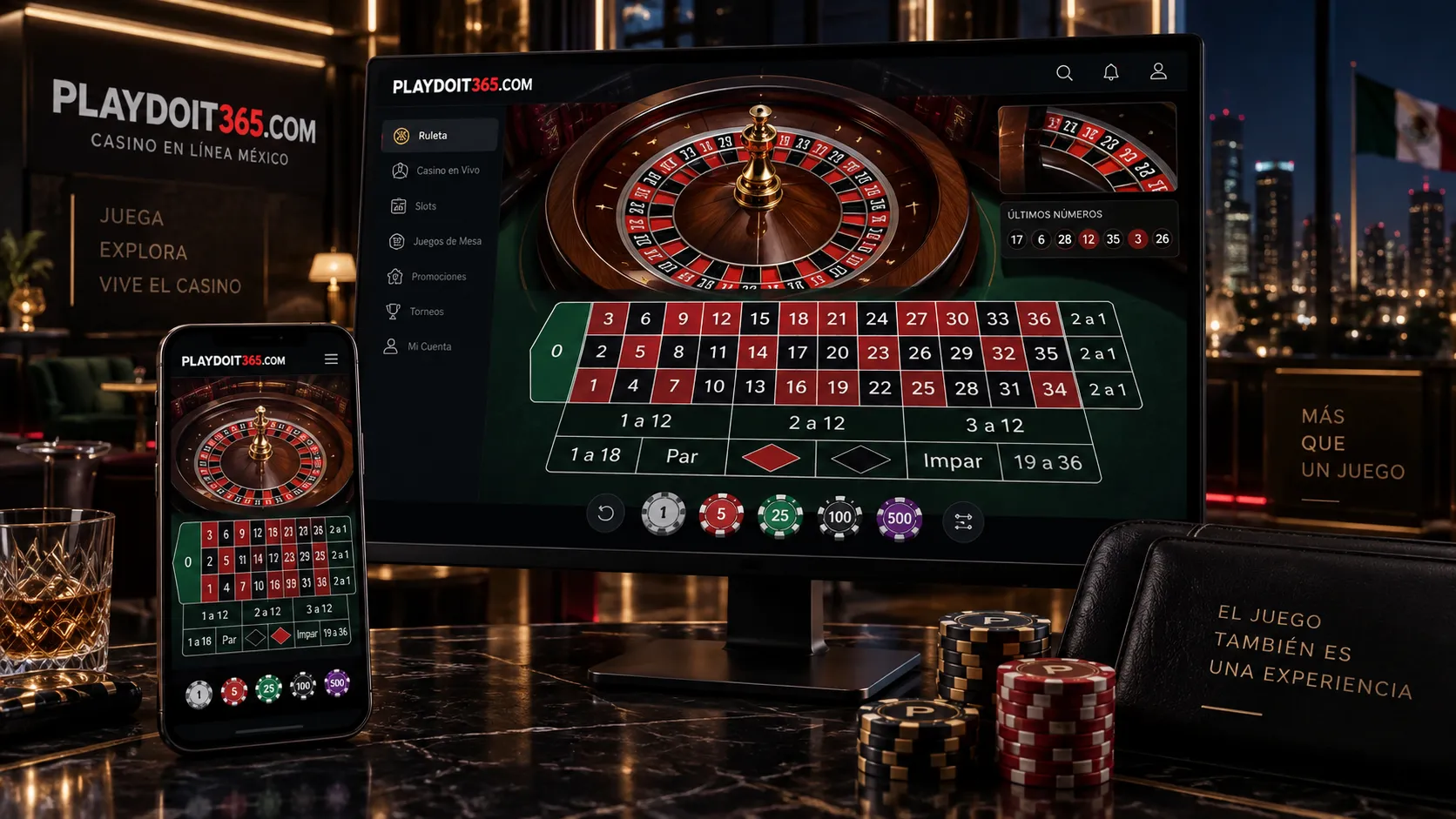 Mesa digital de ruleta online mostrada en dispositivos móviles y ordenador