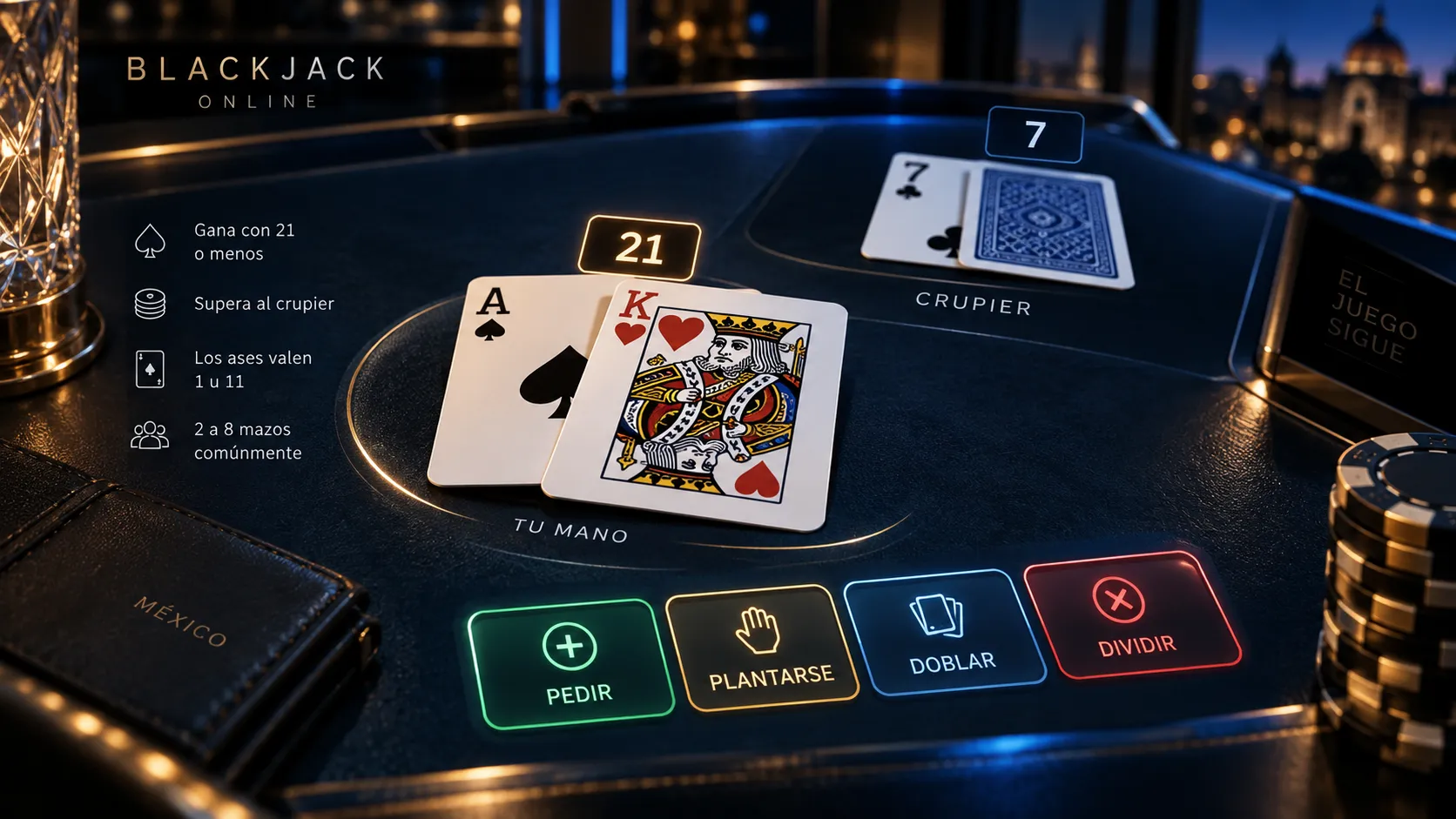 Cartas y valor de la mano en una partida de blackjack online