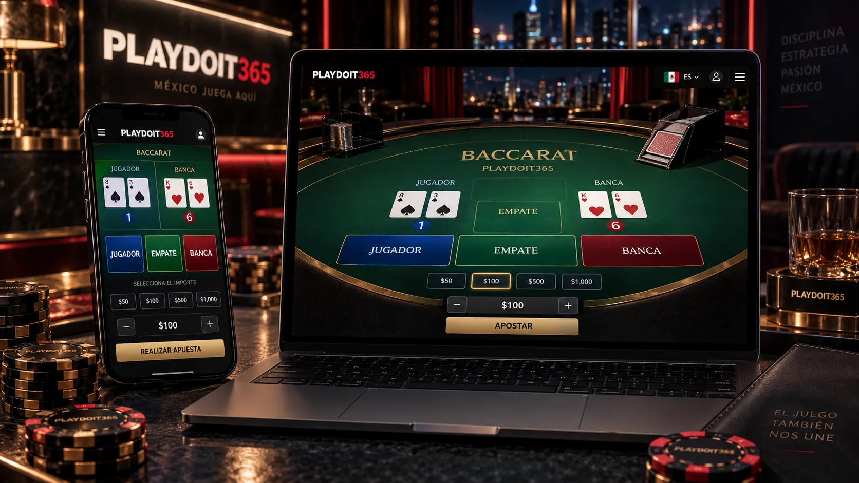Mesa de baccarat online con opciones de apuesta a Jugador, Banca y Empate