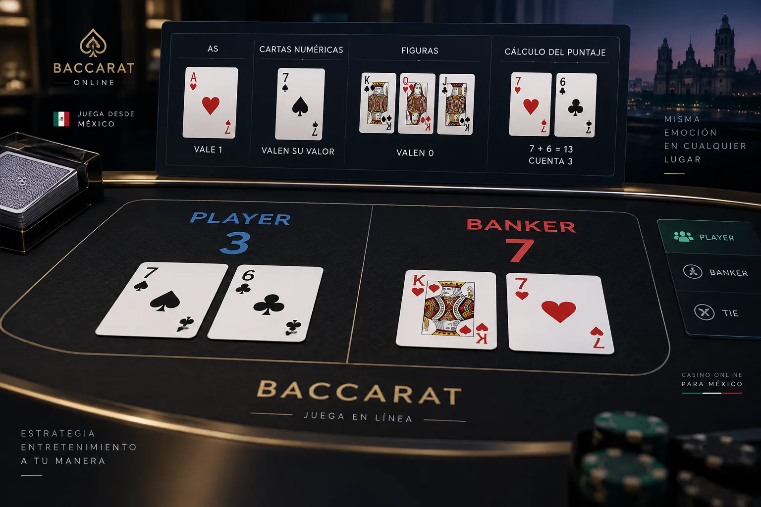 Cartas y cálculo de puntos en una mesa de baccarat online