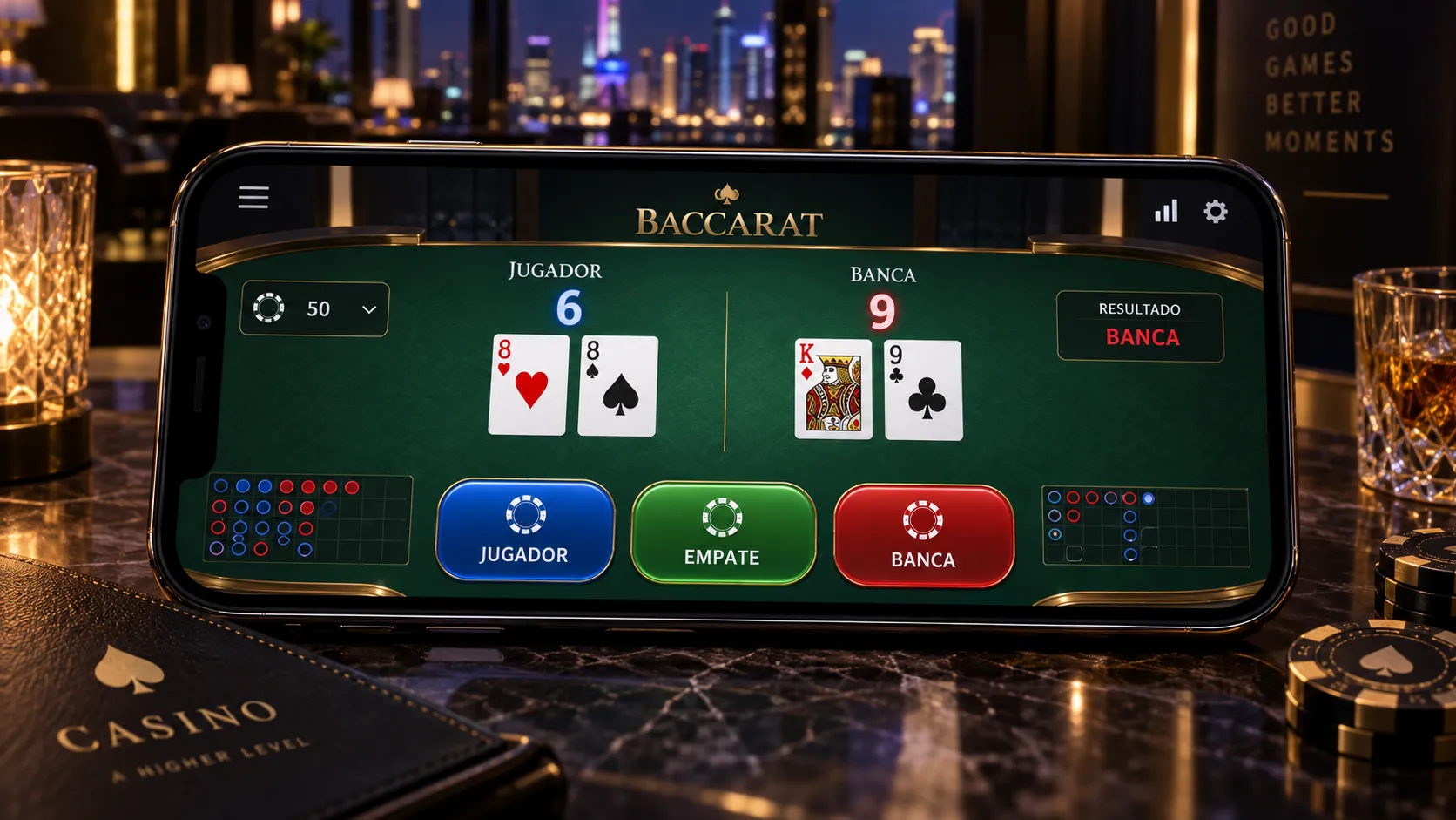 Ronda de baccarat online mostrada en un teléfono móvil