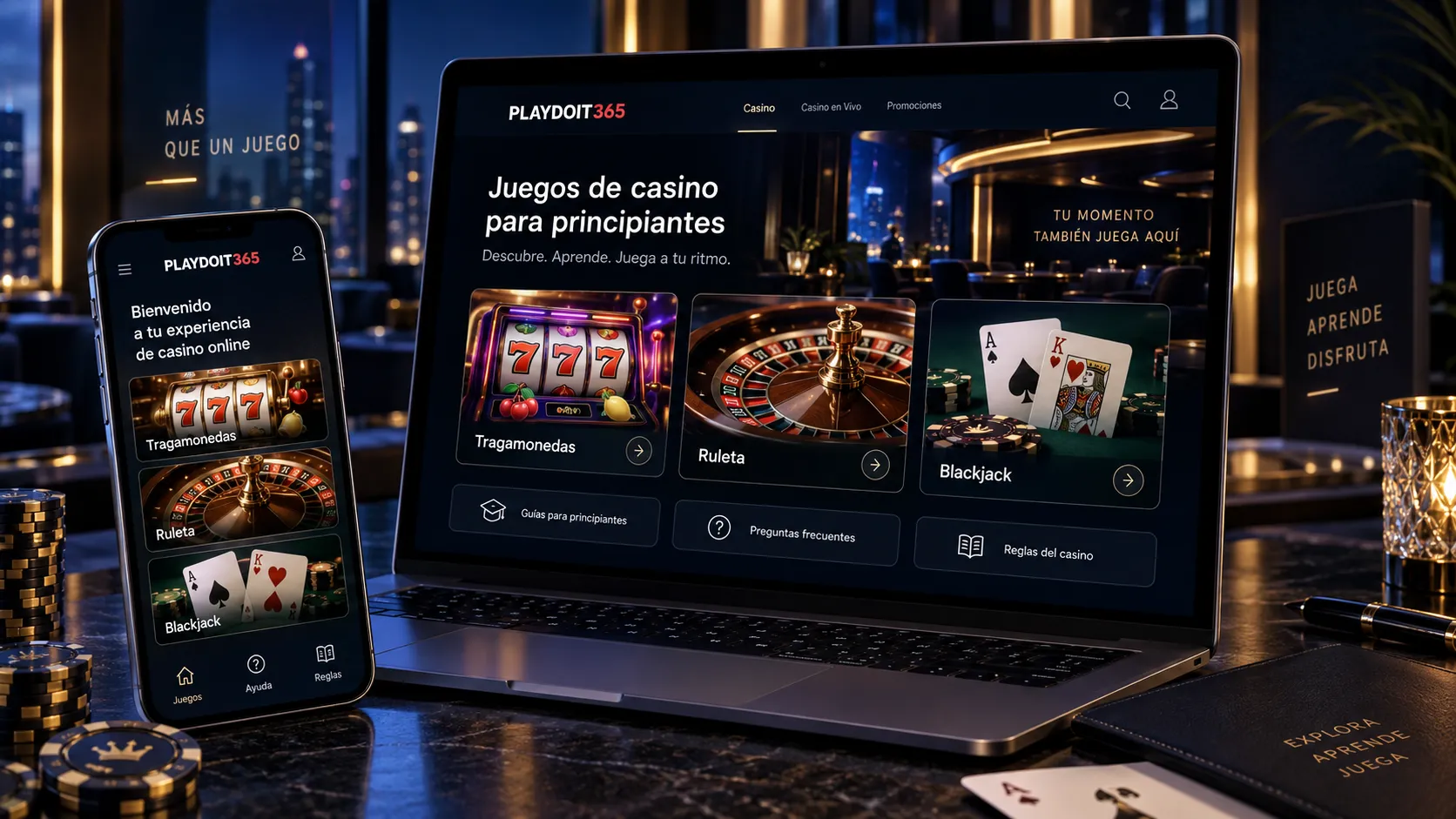 Interfaz de casino online con tragamonedas, ruleta y blackjack para principiantes