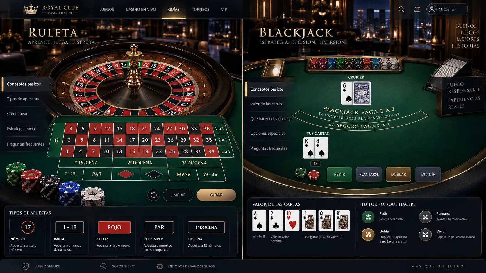 Mesas digitales de ruleta y blackjack con reglas básicas visibles