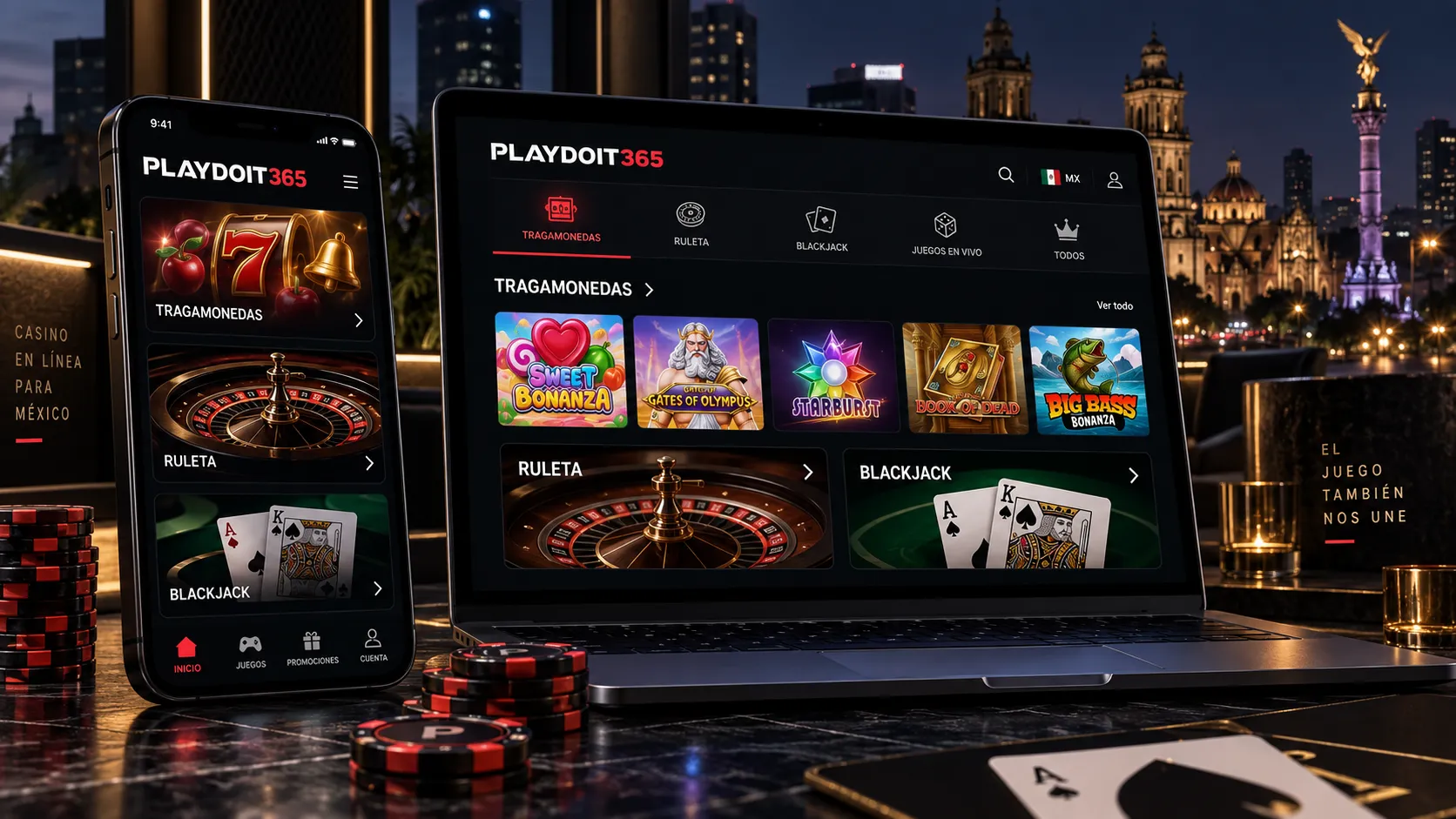 Interfaz de casino en línea con categorías de juegos para comparar