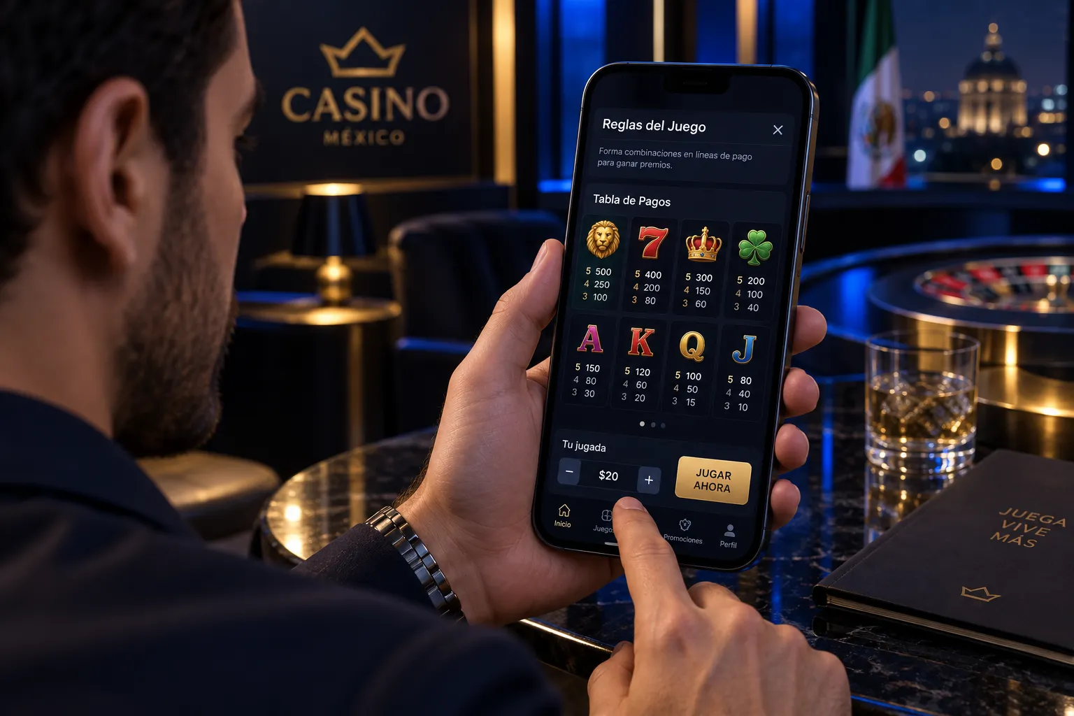 Revisión de reglas y tabla de pagos de un juego de casino en un celular