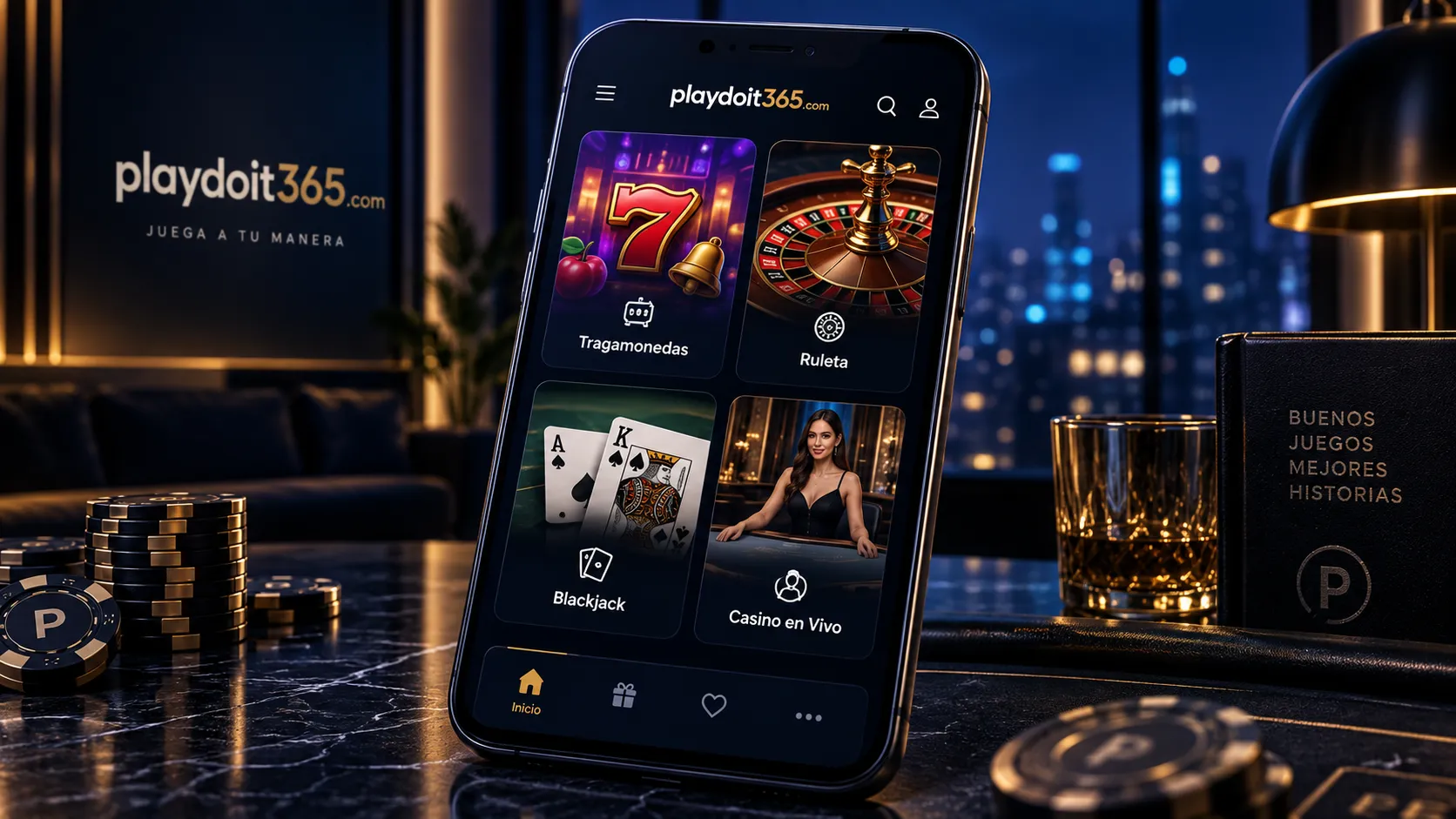 Interfaz móvil para explorar categorías de juegos de casino
