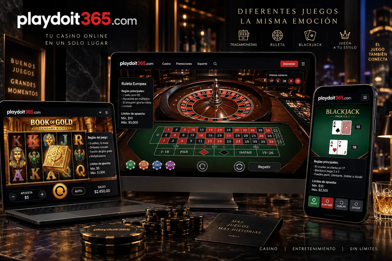 Comparación de tragamonedas, ruleta y blackjack en una interfaz de casino