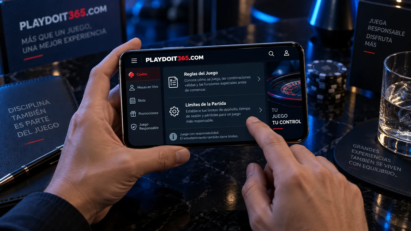 Usuario revisando reglas y límites de un juego de casino en el celular