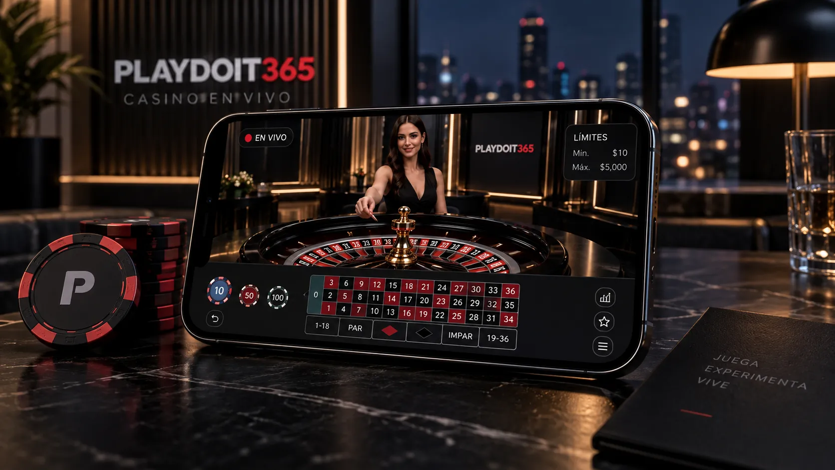 Casino en vivo con mesa de ruleta mostrada en un teléfono