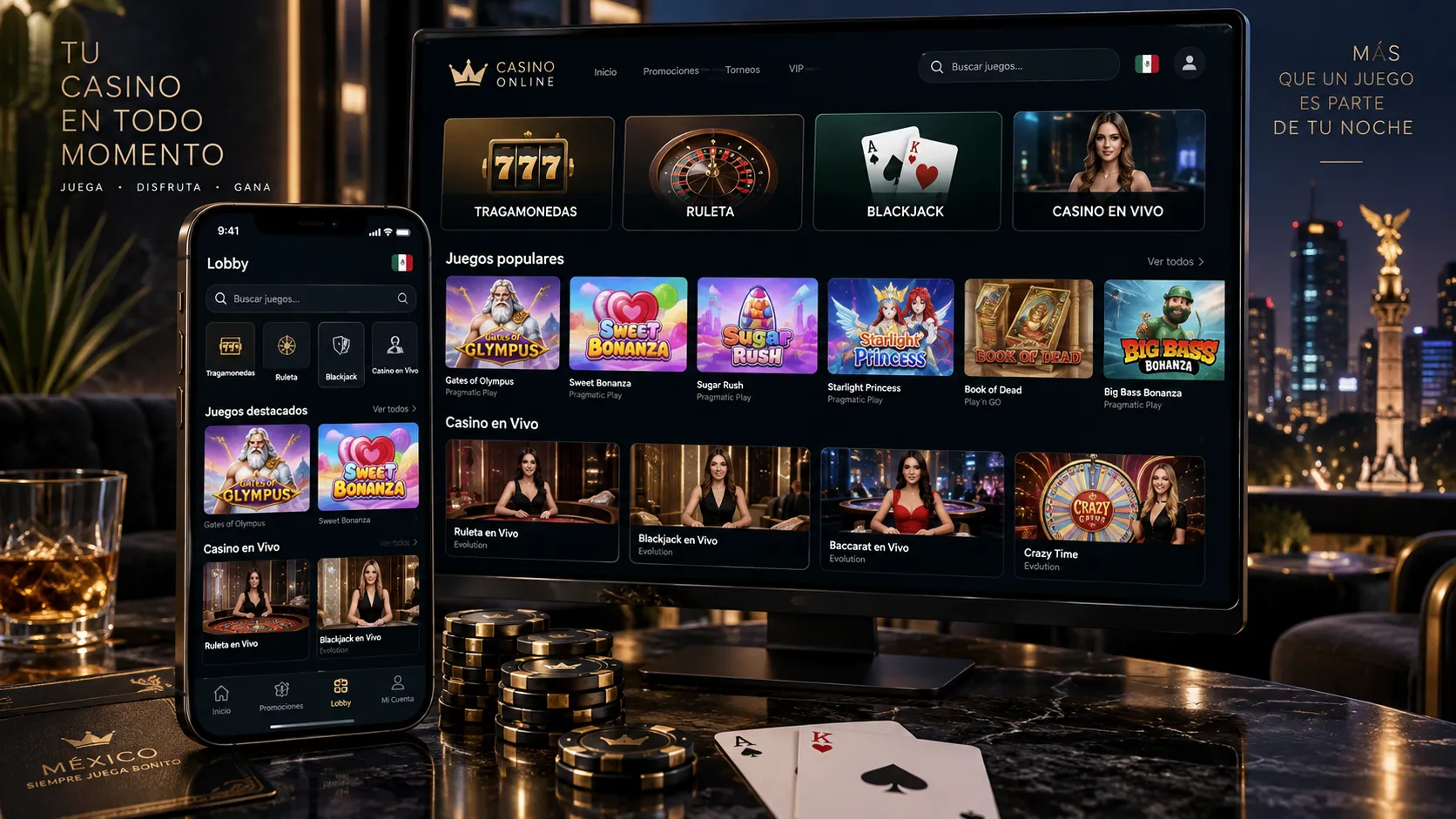 Lobby de casino online con categorías y buscador de juegos