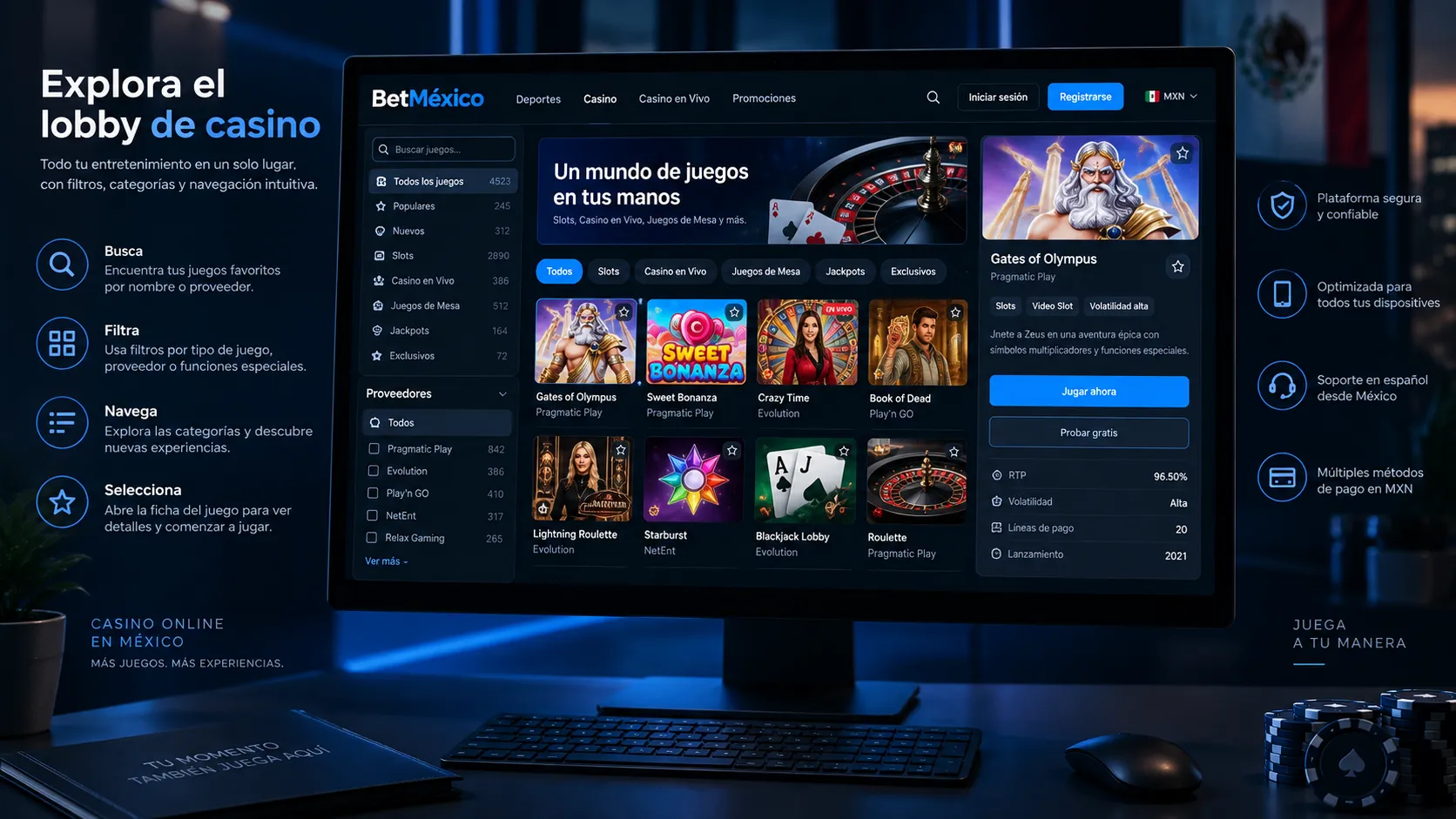 Filtros y ficha de juego dentro de un lobby de casino online