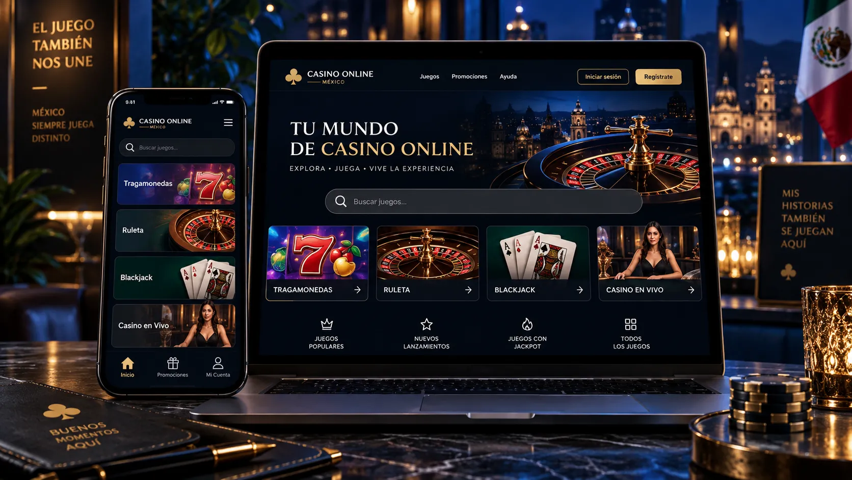 Lobby de casino online con buscador y categorías de juegos