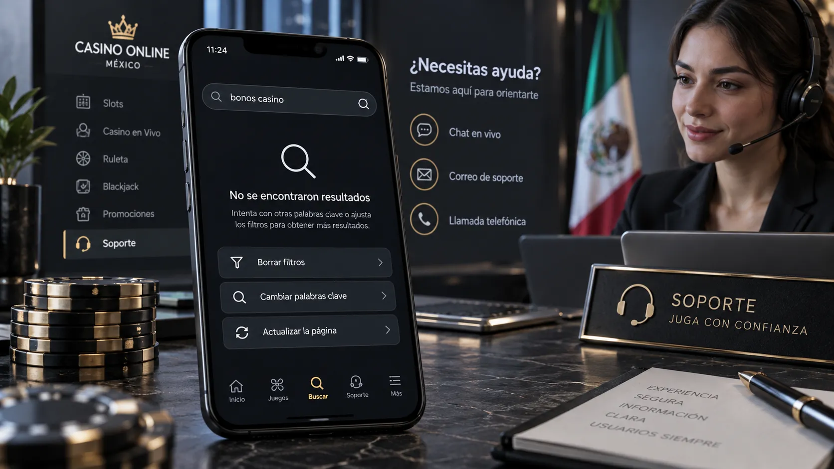 Pantalla de búsqueda de casino online sin resultados y opciones de revisión