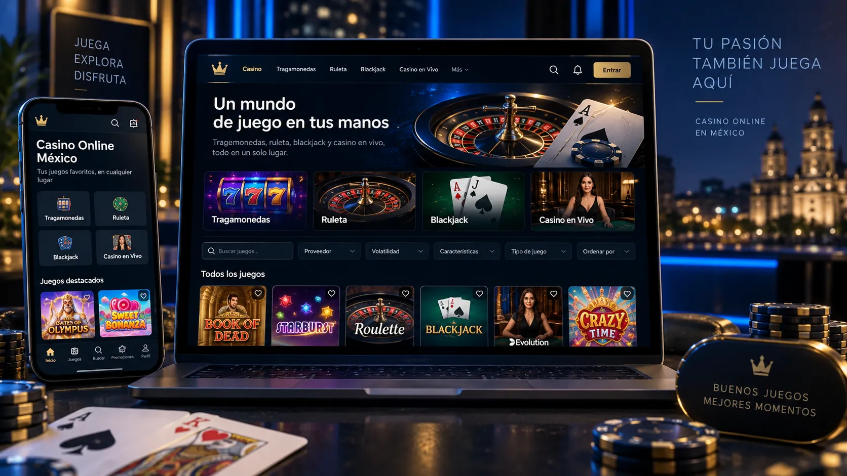 Interfaz de casino online con filtros para encontrar juegos por categoría