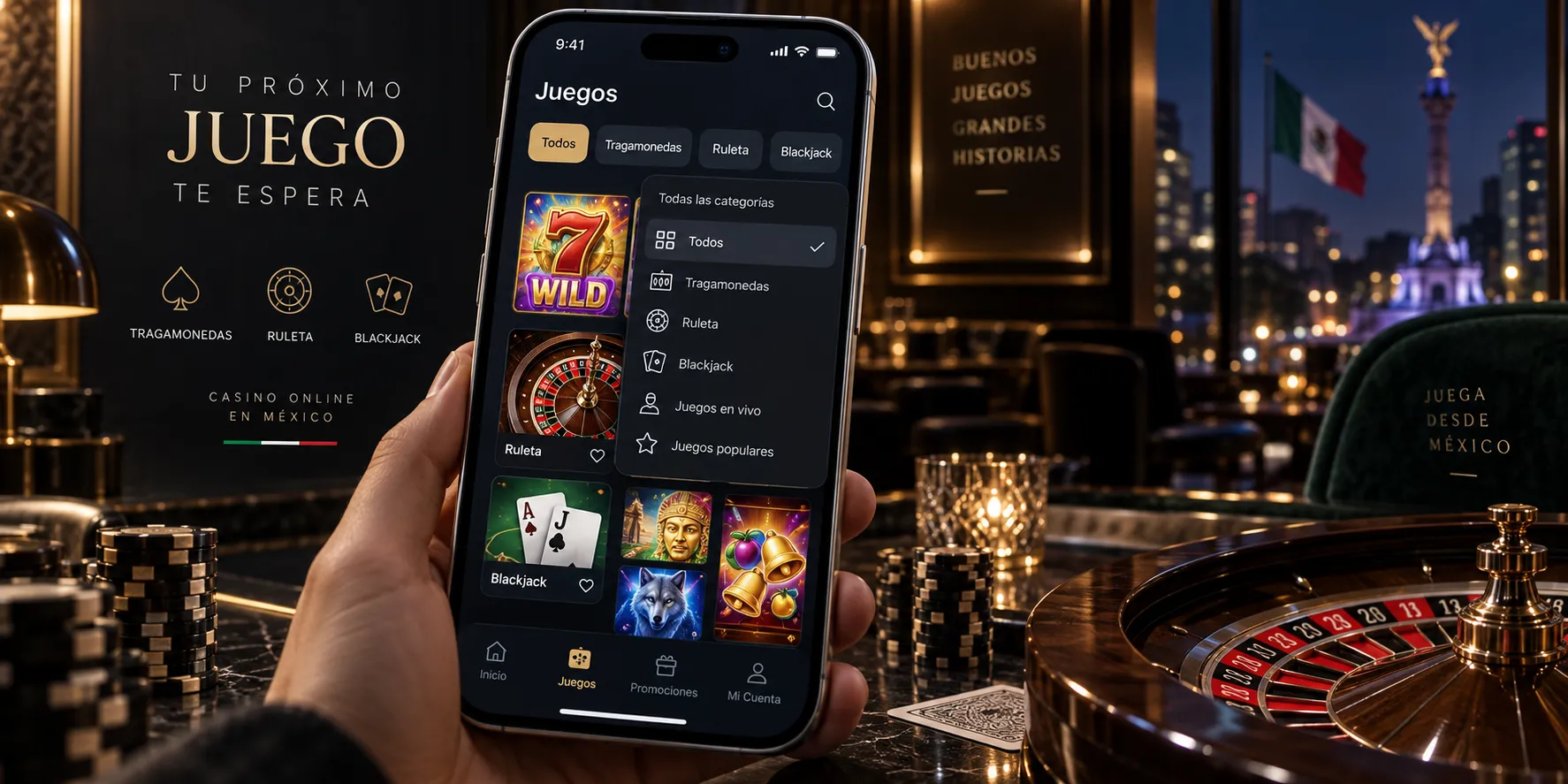 Menú de categorías para filtrar tragamonedas, ruleta y blackjack en celular