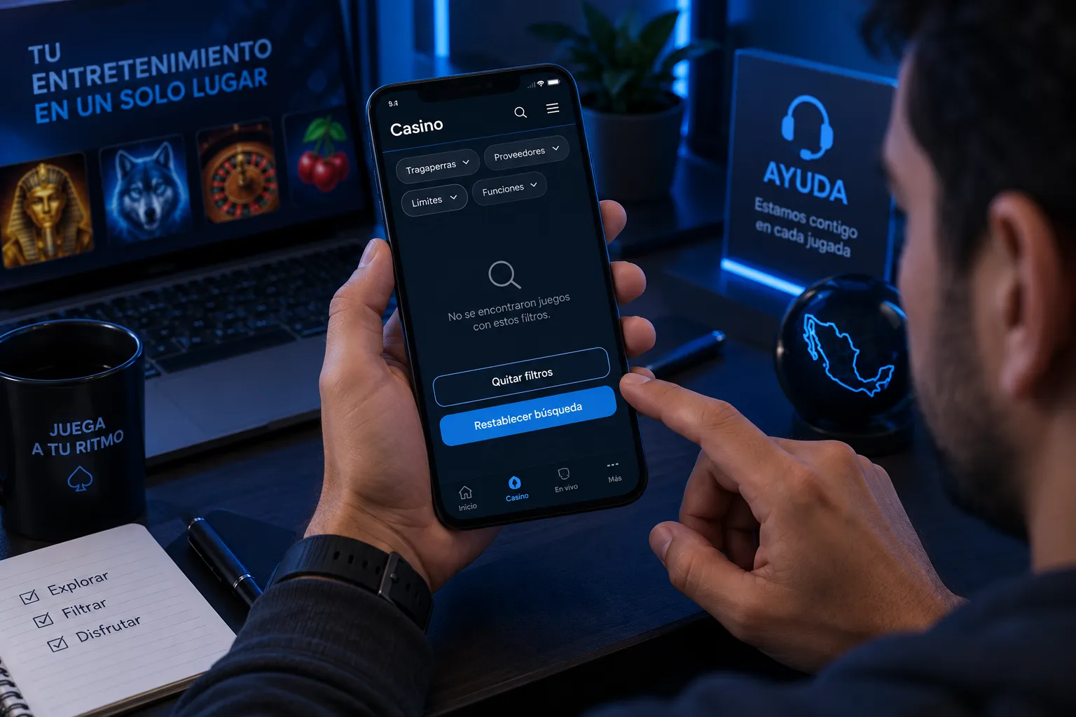 Pantalla móvil para restablecer filtros de juegos de casino online