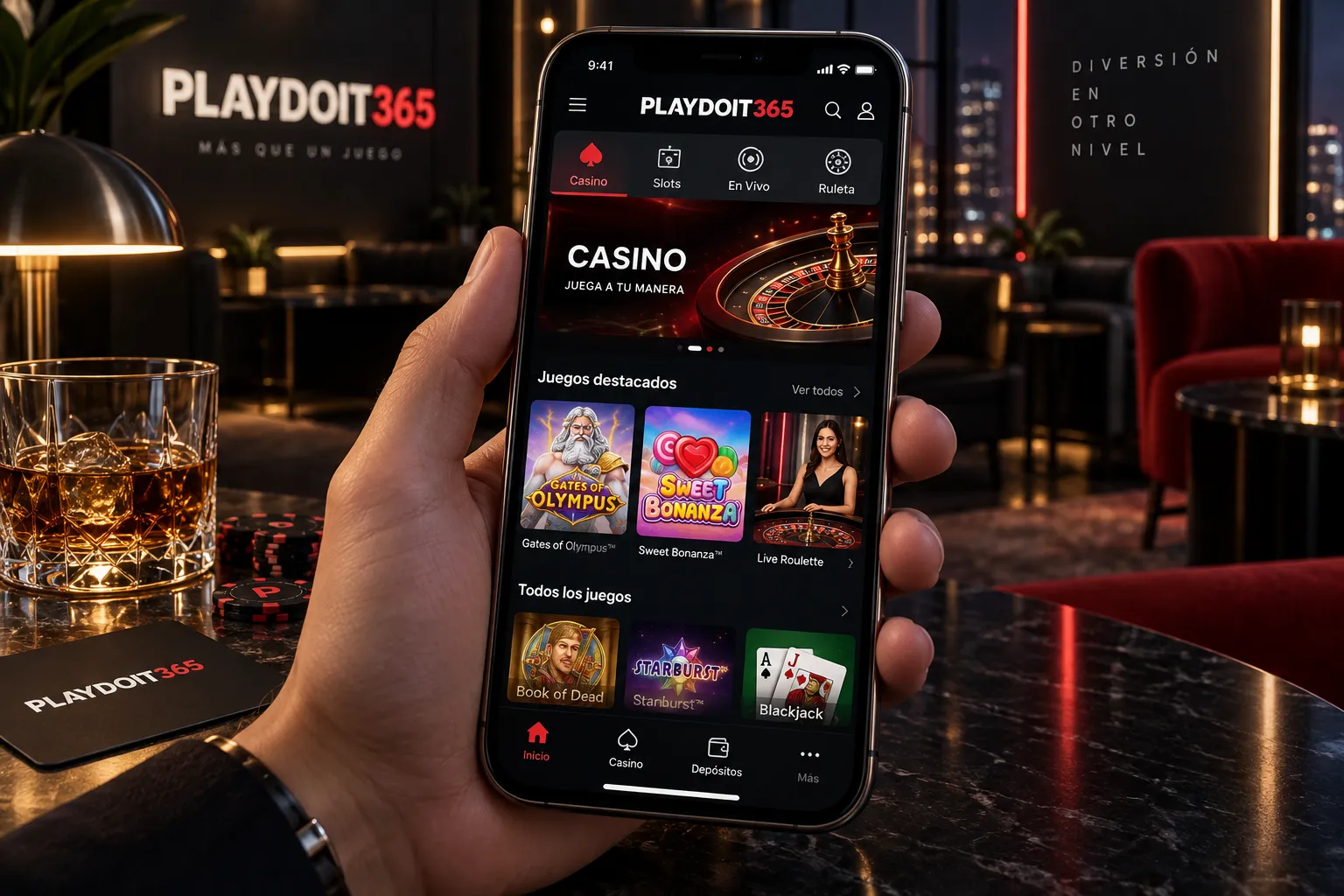 Navegación de juegos de casino en la pantalla de un celular