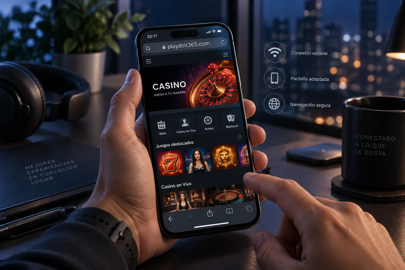 Comprobación de carga y navegación del casino desde el teléfono