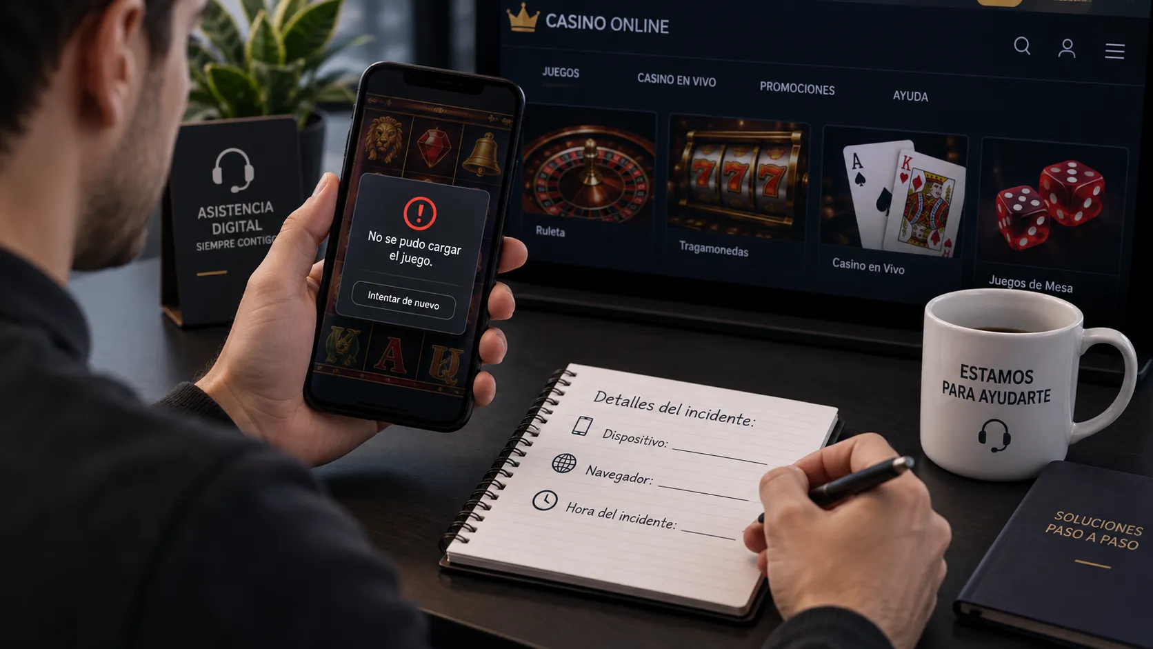 Usuario revisando un error de carga en un juego de casino