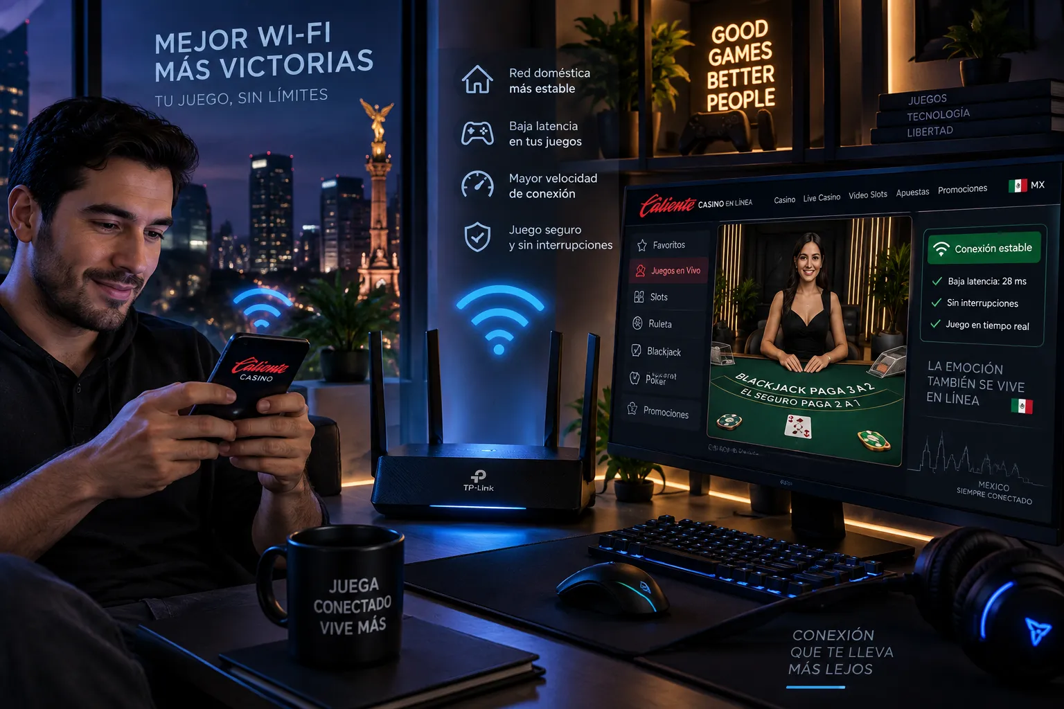 Uso de un celular cerca del router para mejorar la conexión Wi-Fi
